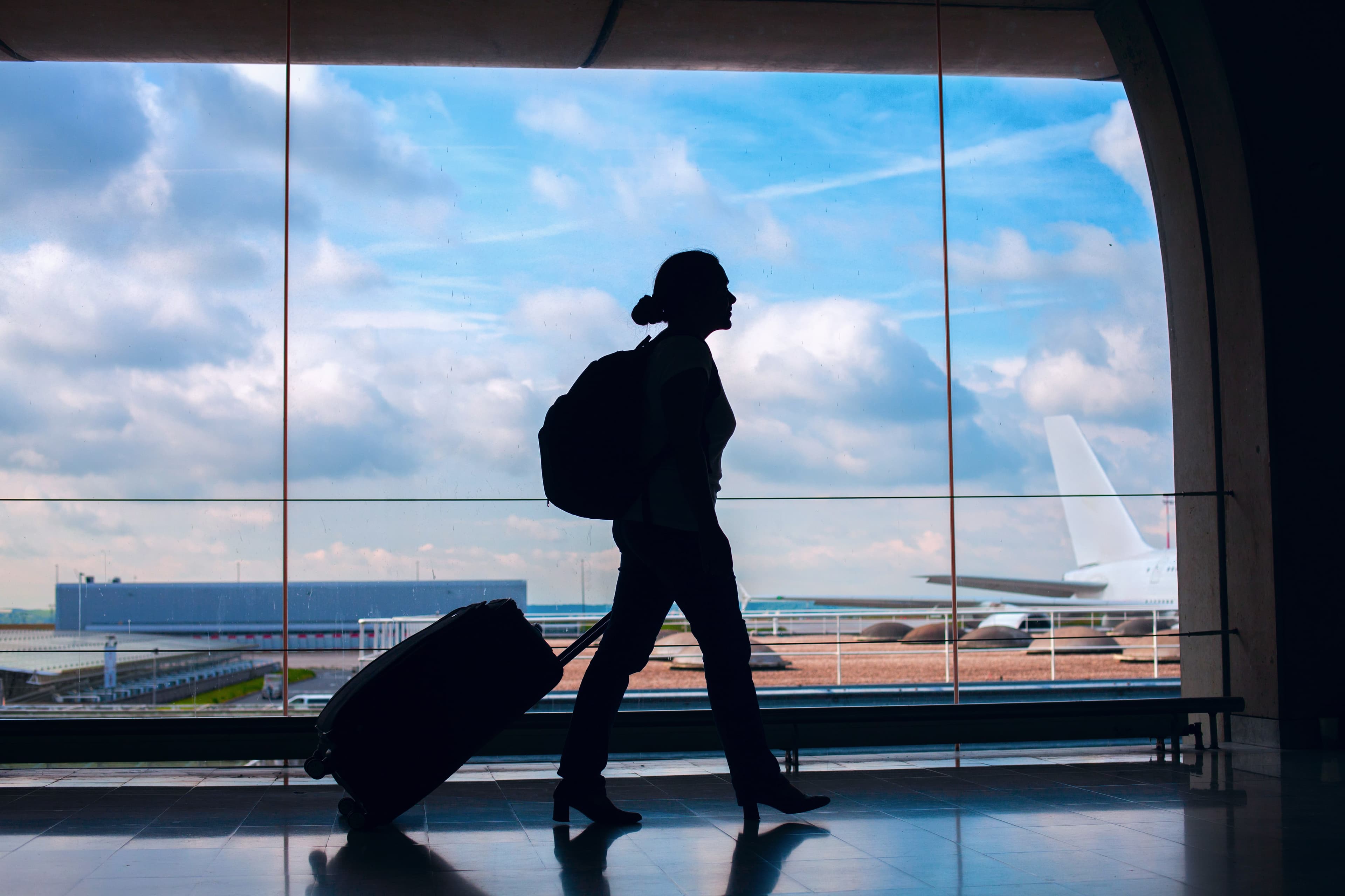 Traveler at airport with luggage near vehicle